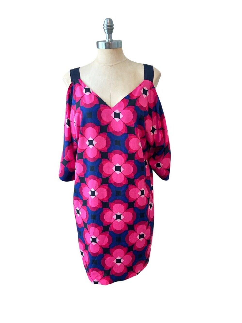 Trina Turk Womens Cold Shoulder Dress Pink & Navy Geometric Print Medium